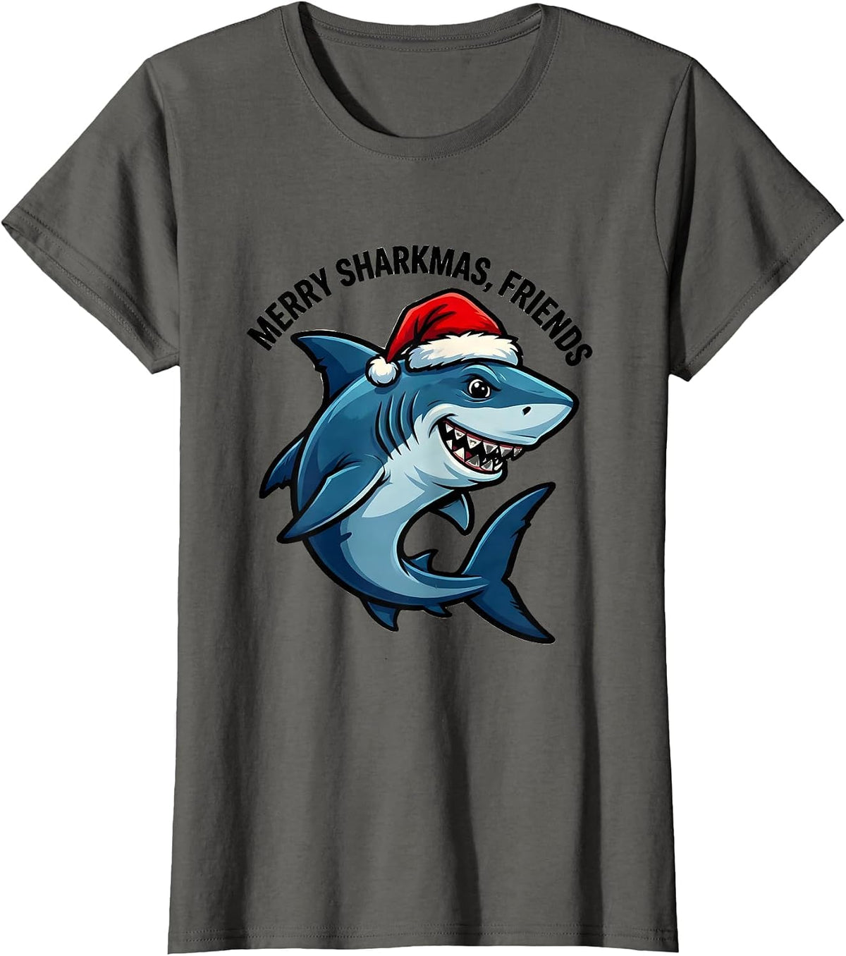 Women's Merry Sharkmas Friends Cartoon Shark Lover Christmas Humor T-Shirt - Asphalt Grey