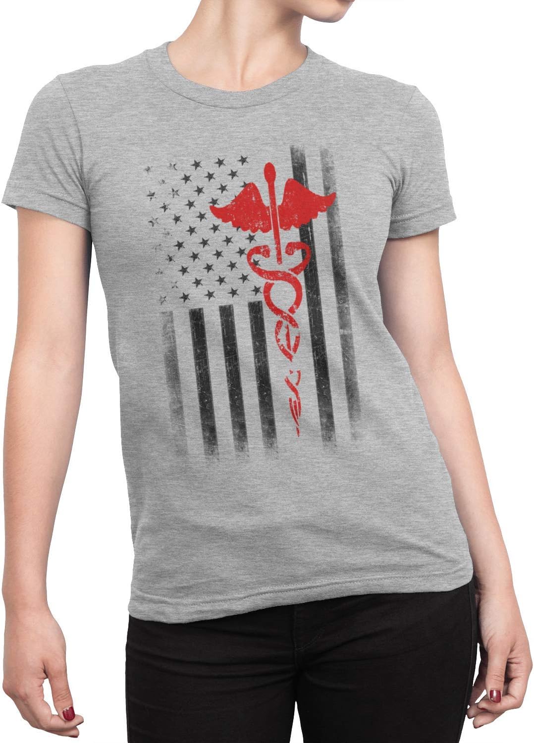 Ladies USA Flag Premium Ringspun Tee EMT Nurses Lives Matter Classic Fit - Heather Gray