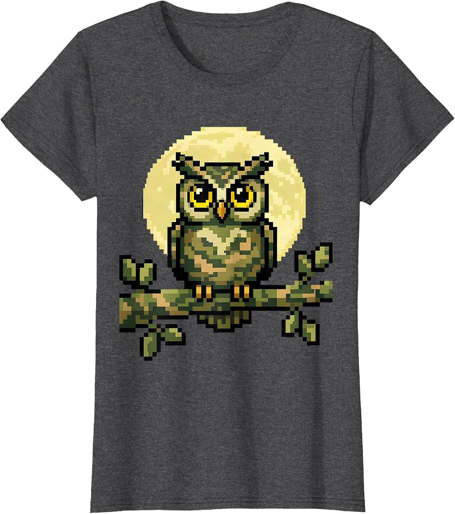 Women's Kids Camo Owl Perched on Branch at Night T-Shirt - Dark Heather Grey