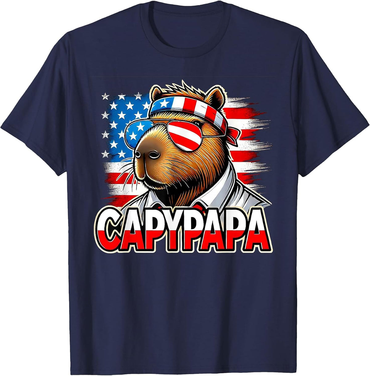 Capybara Papa - CapyPapa - 4th of July American Flag Rodent T-Shirt - Navy Blue