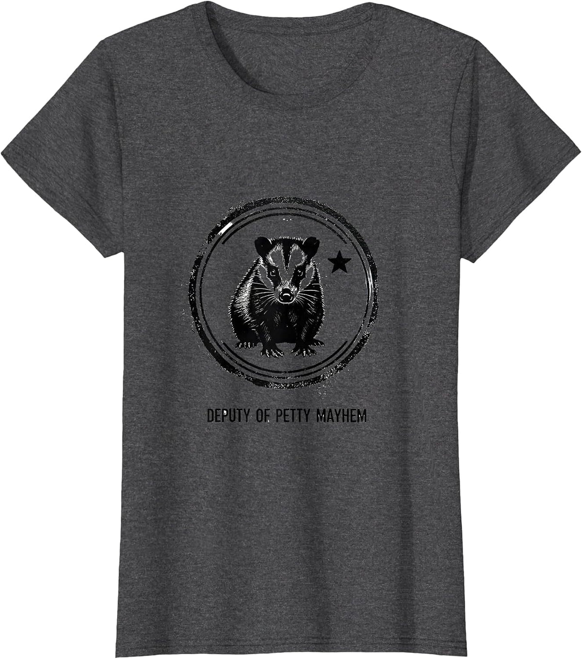 Women's Deputy of Petty Mayhem Rubber Stamp Opossum Quirky Animal T-Shirt - Dark Heather Grey