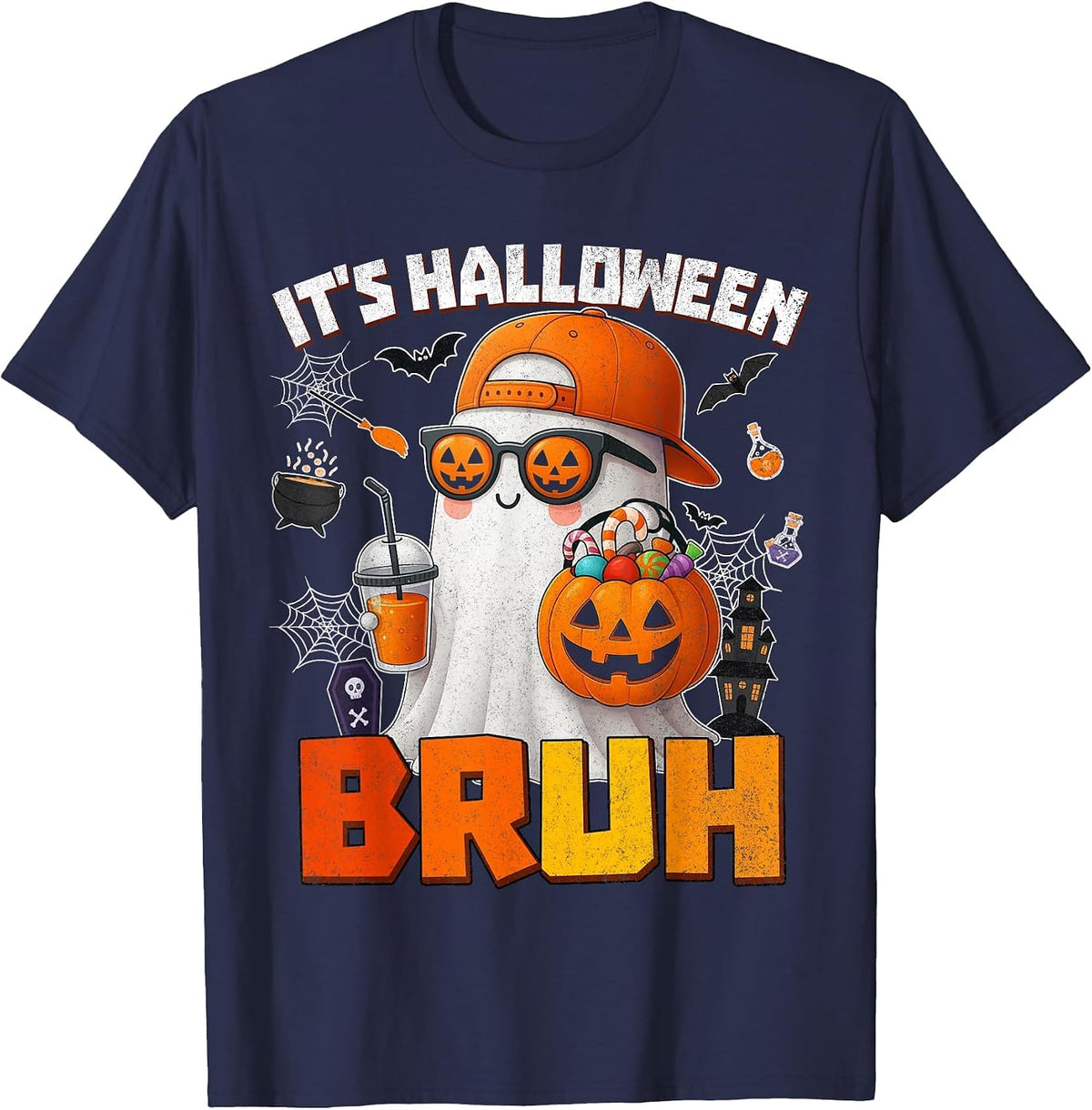 Its Halloween Bruh Boo Ghost Pumpkin Costume Boys Kids Mens T-Shirt - Navy Blue