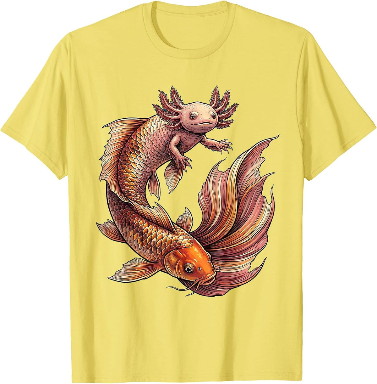 Men's Axolotl Riding Giant Koi Fish Graphic Tee T-Shirt - Lemon Yellow