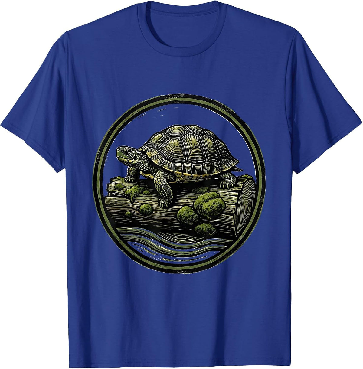Turtle on Mossy Log Nature Wildlife Illustration T-Shirt - Royal Blue