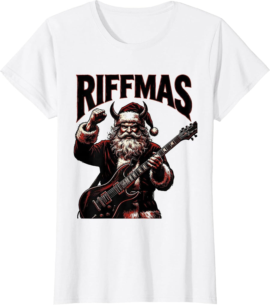 Women's Riffmas Metal Santa Heavy Metal Rock Christmas Funny Parody T-Shirt - White