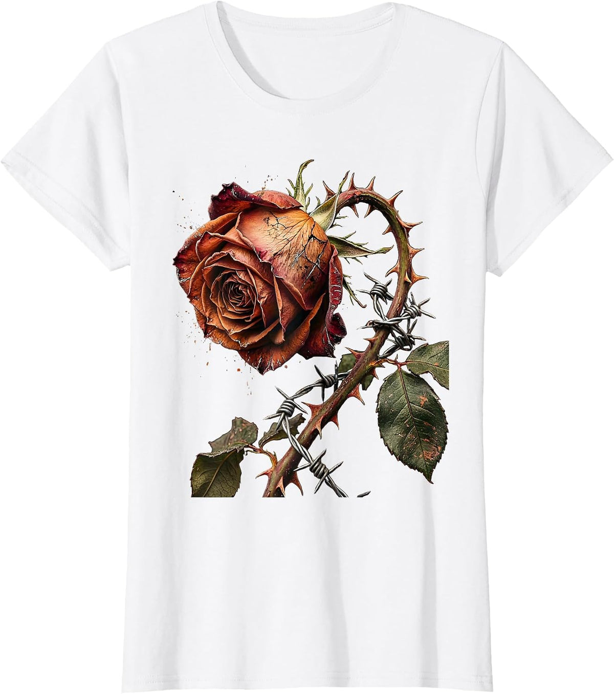 Barbed Wire Rose Punk Gothic Graphic Design T-Shirt - White