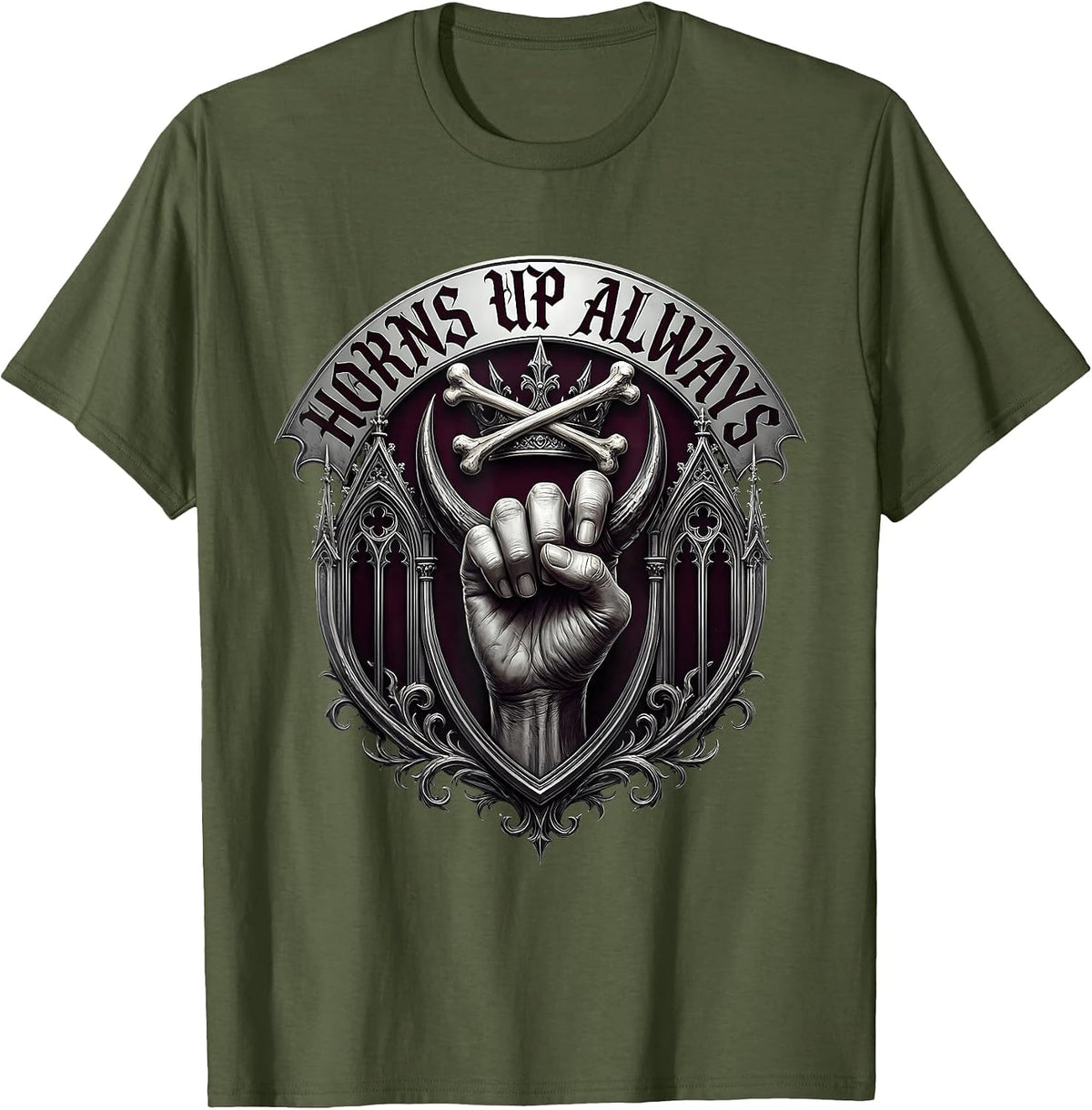Horns Up Always Heavy Metal Graphic Design T-Shirt - Olive Green