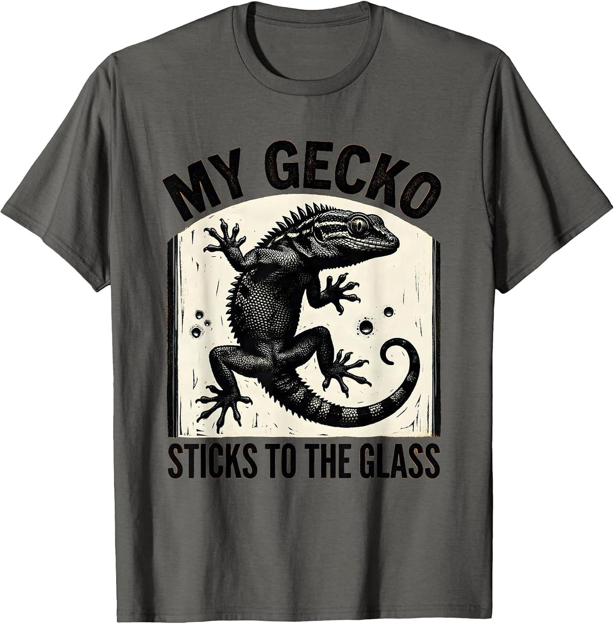 Men's My Gecko Sticks To The Glass Funny Reptile Pet Lover Linocut T-Shirt - Asphalt Grey