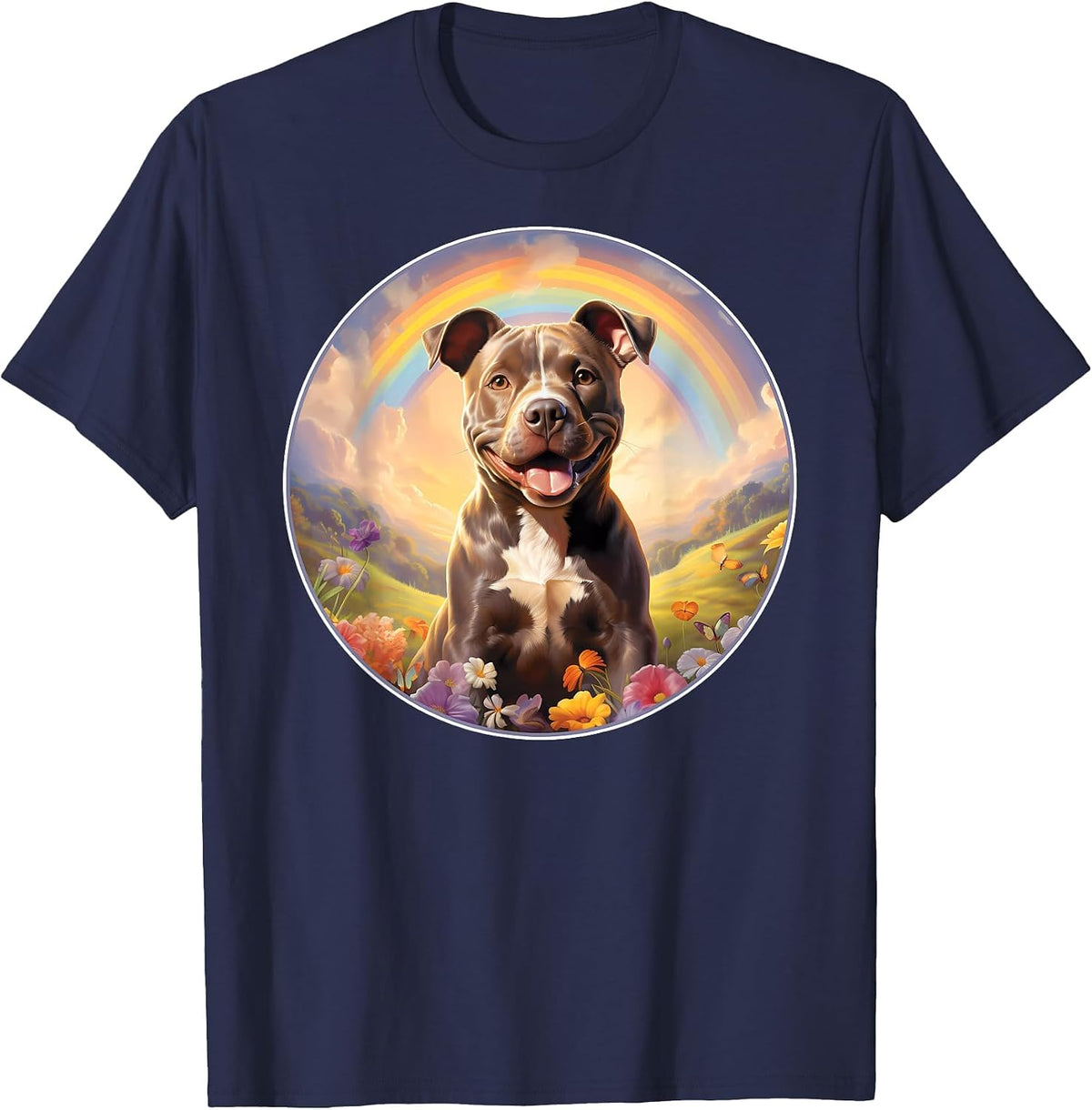 Pitbull Rainbow Bridge Memorial Colorful Dog Art T-Shirt - Navy Blue