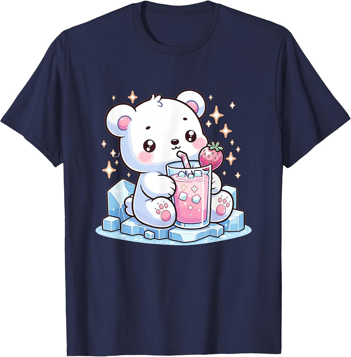 Cute Kawaii Style Polar Bear Drinking Strawberry Milk T-Shirt - Navy Blue