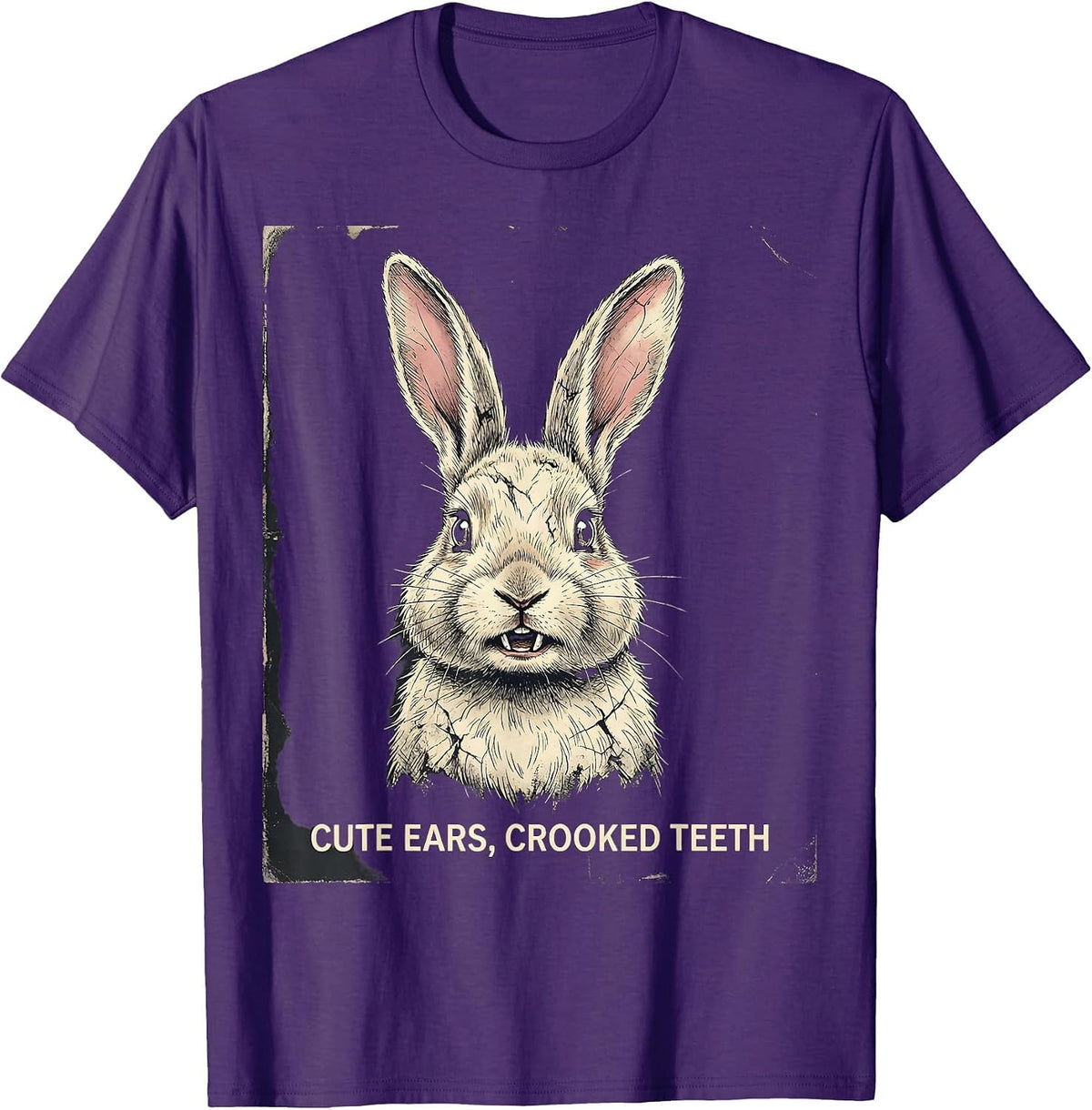 Cute Ears Crooked Teeth Distressed Bunny Rabbit Alt Goth T-Shirt - Purple