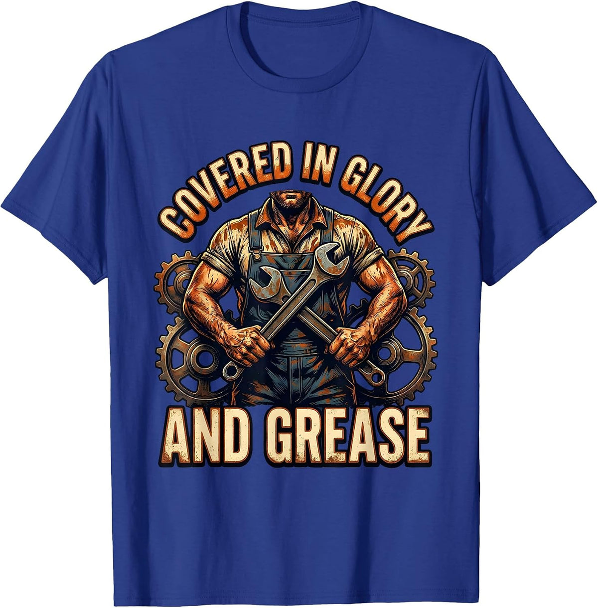 Men's Covered in Glory and Grease Mechanic Design T-Shirt - Royal Blue