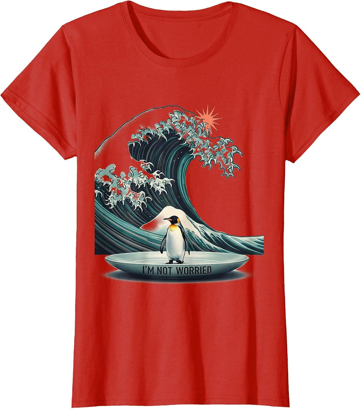 Women's I'm Not Worried Midcentury Modern Animal Humor Penguin Art T-Shirt - Red