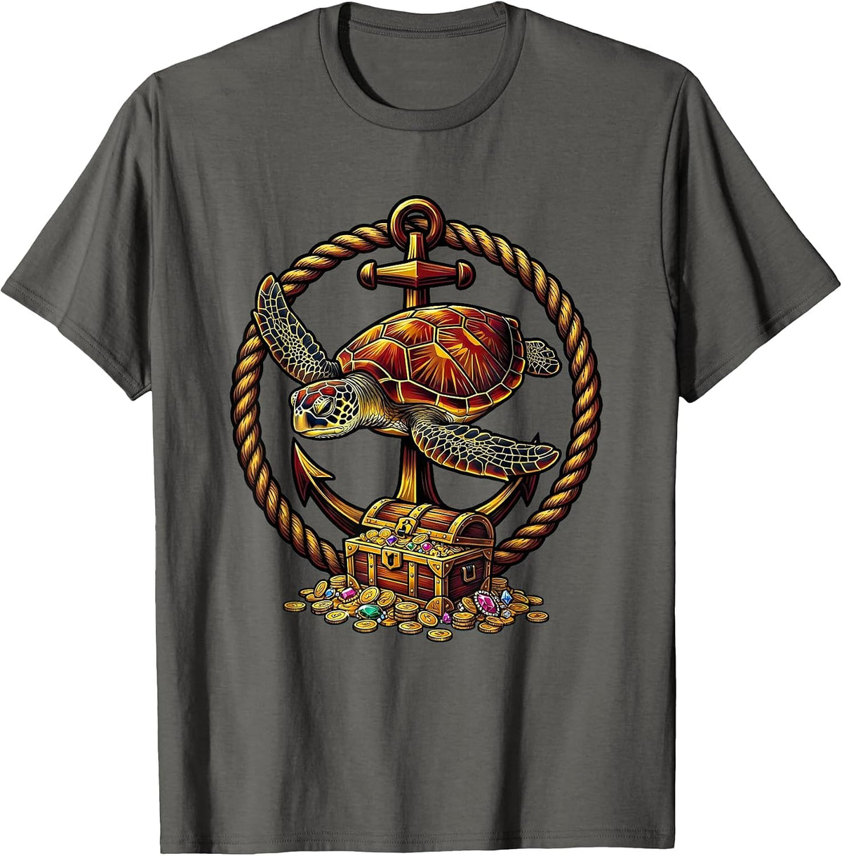 Sea Turtle Sunken Treasure Pirate Ocean Design T-Shirt - Asphalt Grey