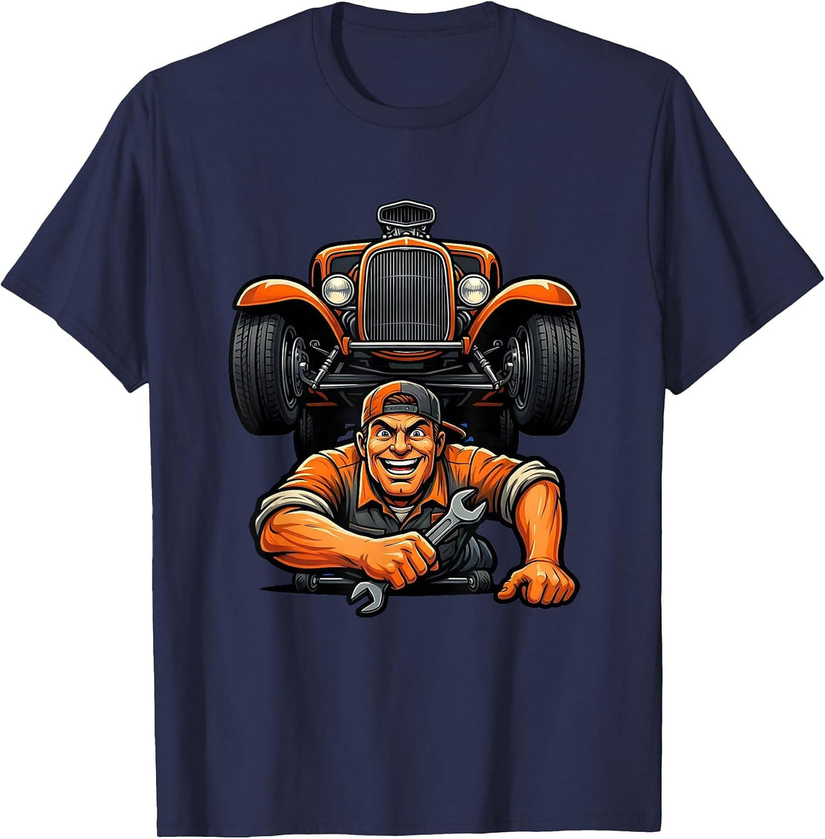 Men's Classic Hot Rod Mechanic Illustration T-Shirt - Navy Blue