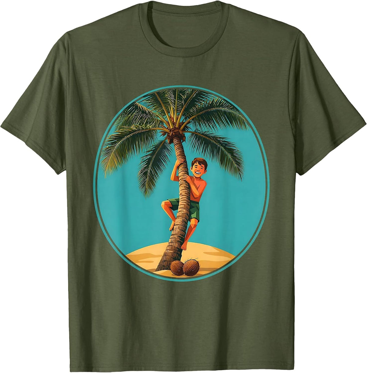 Hawaiian Boy Climbing Palm Tree Graphic T-Shirt - Olive Green