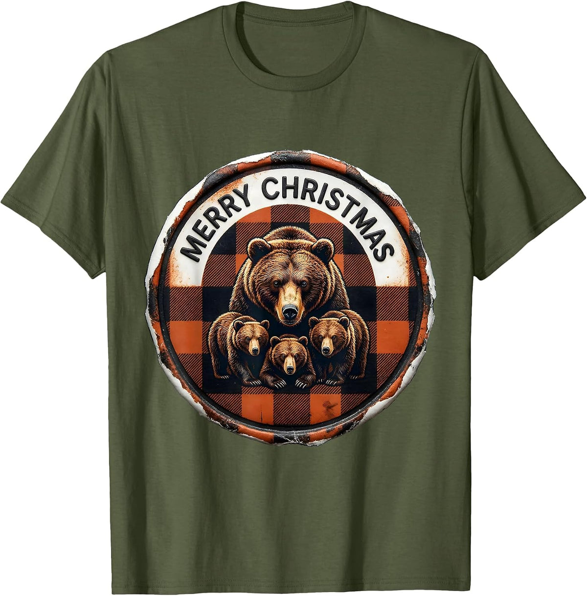 Merry Christmas Rubber Stamp Bear Family Buffalo Plaid T-Shirt - Olive Green