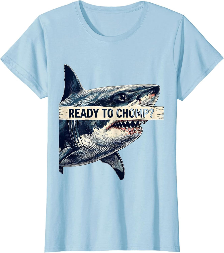 Women's Ready To Chomp Funny Shark Lover Ocean Humor Linocut T-Shirt - Baby Blue