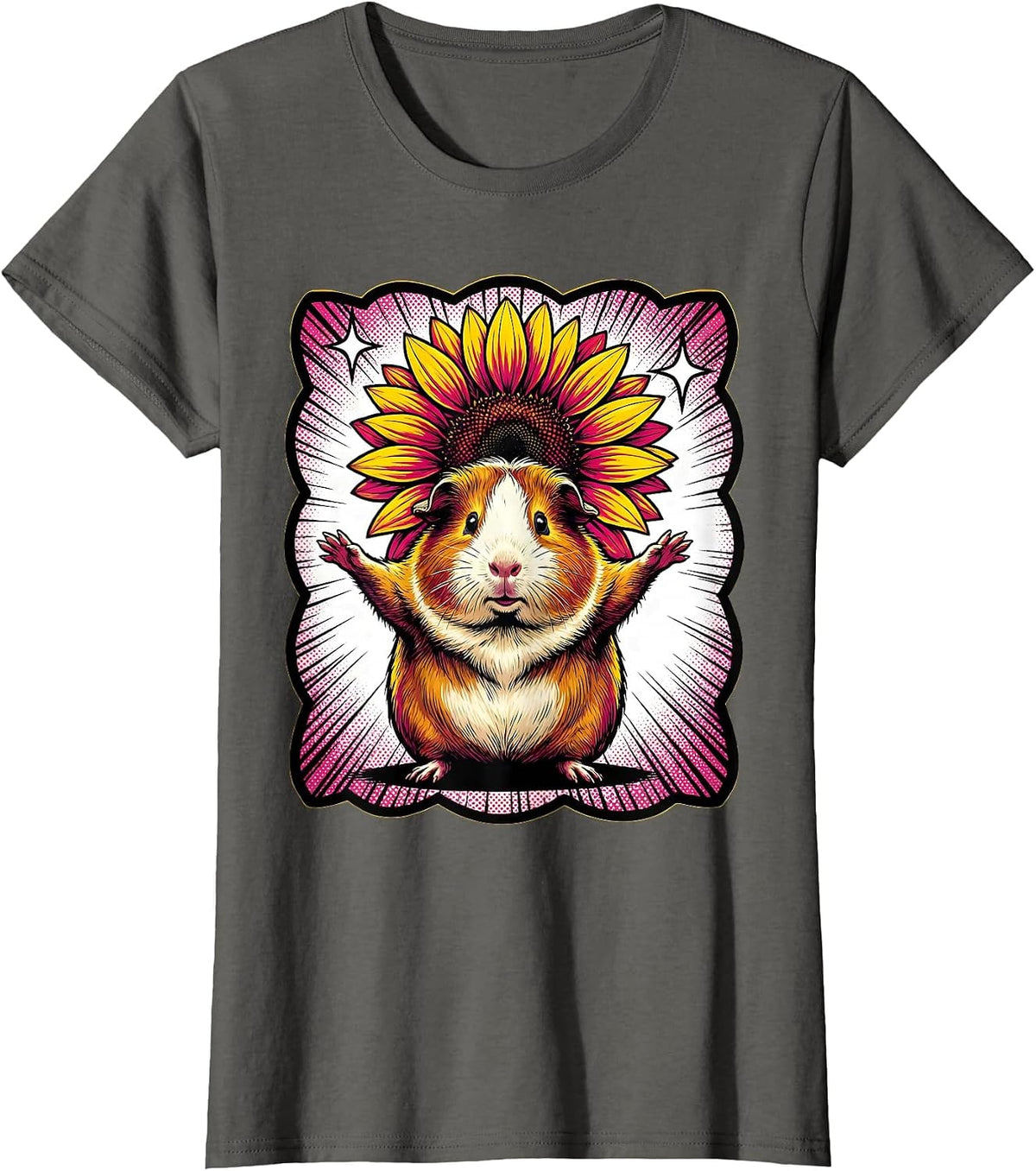 Women's Plump Guinea Pig Sunflower Pop Art Animal Lover Novelty T-Shirt - Asphalt Grey