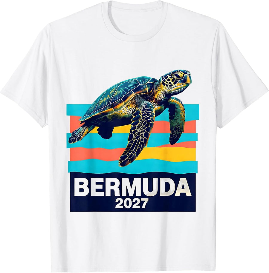 Men's Bermuda 2027 Screenprint Sea Turtle Tropical Vacation T-Shirt - White