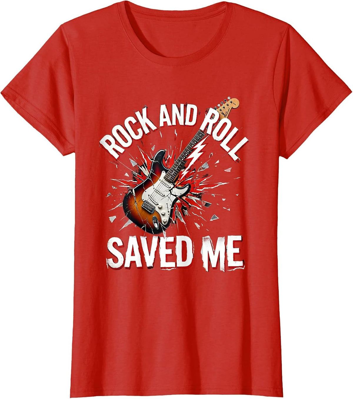 Women's Rock and Roll Saved Me 80s Rock Band Design T-Shirt - Red