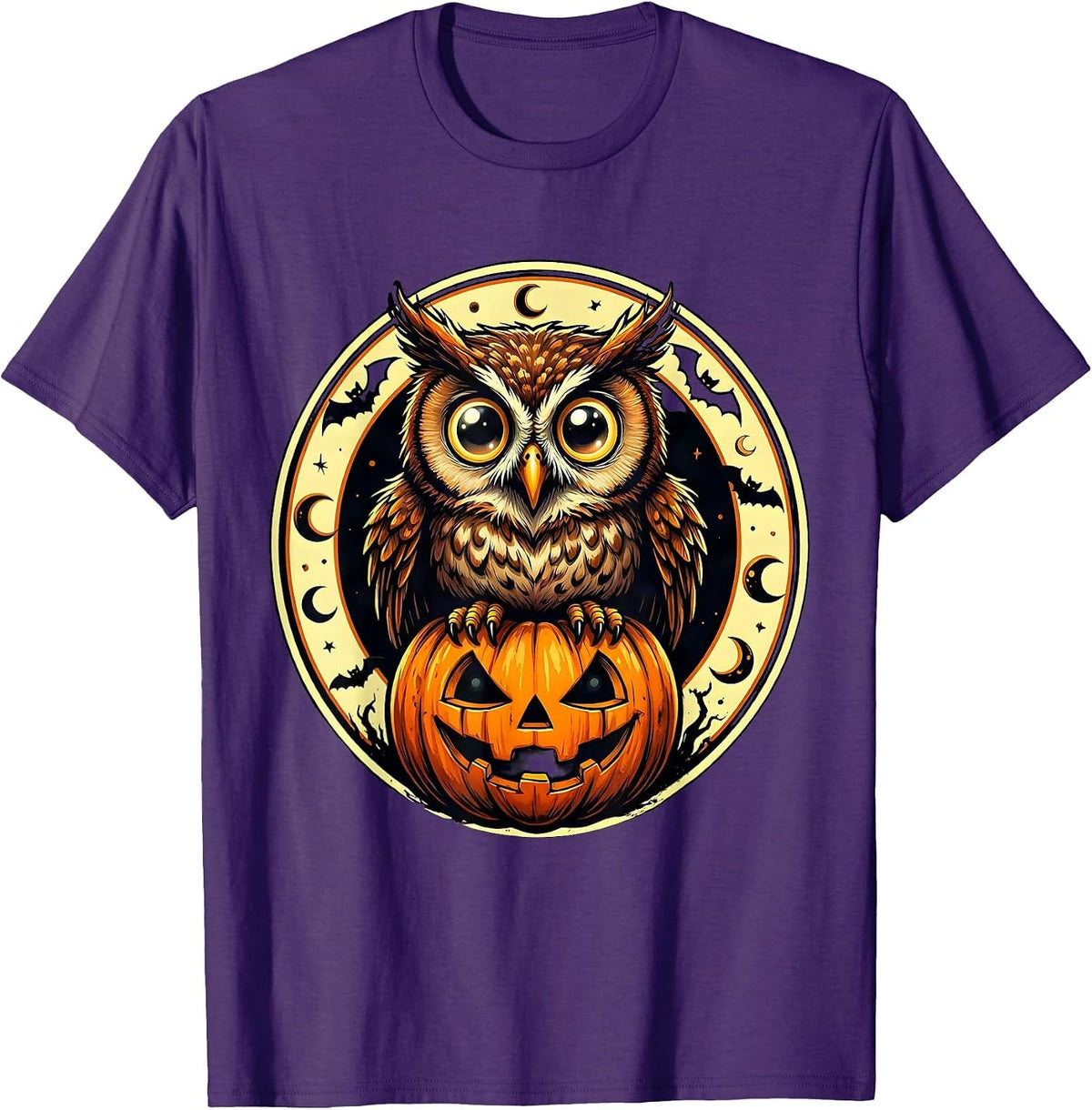 Men's Cute Halloween Owl on Glowing Pumpkin Design T-Shirt - Purple