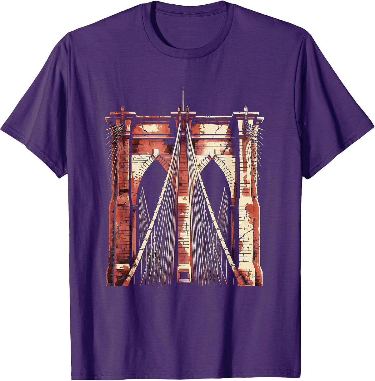 Men's Brooklyn Bridge Cables Morning Light Illustration T-Shirt - Purple