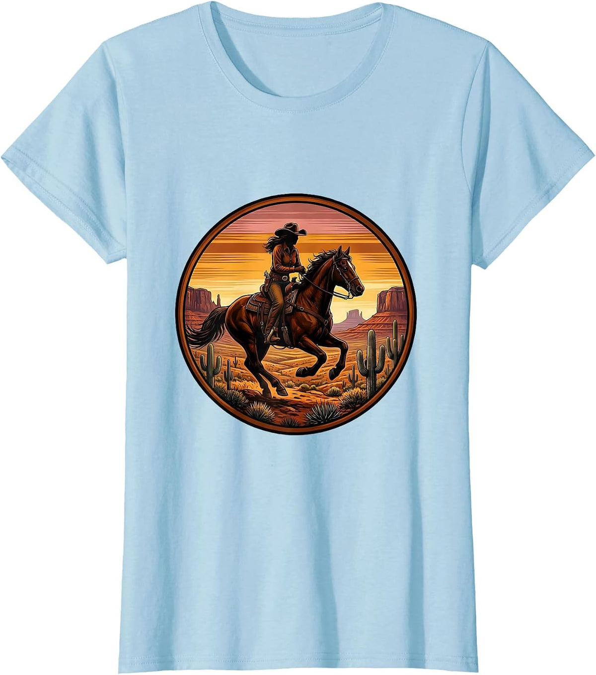 Denim Cowgirl Riding Horse Desert Sunset T-Shirt - Baby Blue