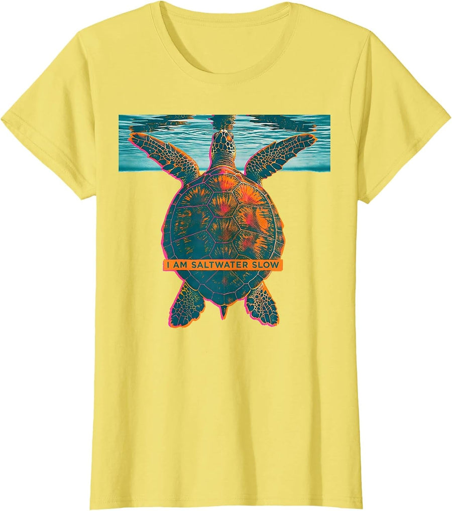 Women's I Am Saltwater Slow Risograph Sea Turtle Lover Beach T-Shirt - Lemon Yellow