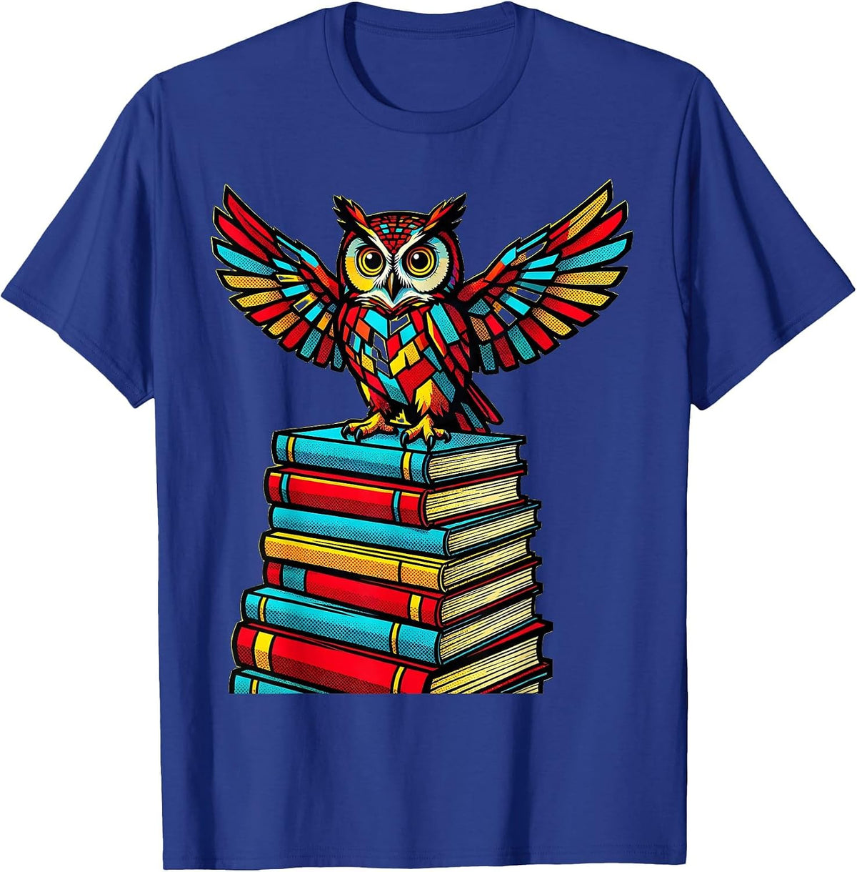 Men's Wise Owl on Stacked Textbooks Teacher Gift T-Shirt - Royal Blue