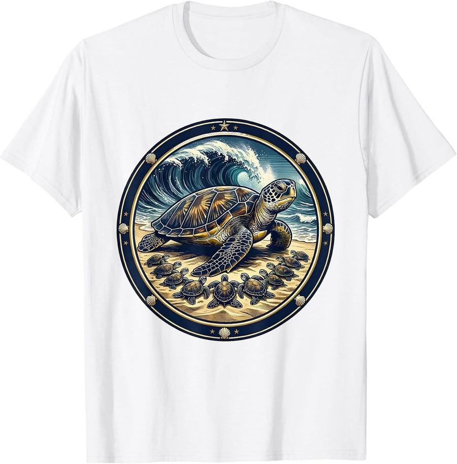 Men's Mama Turtle With Hatchlings on Beach Graphic T-Shirt - White