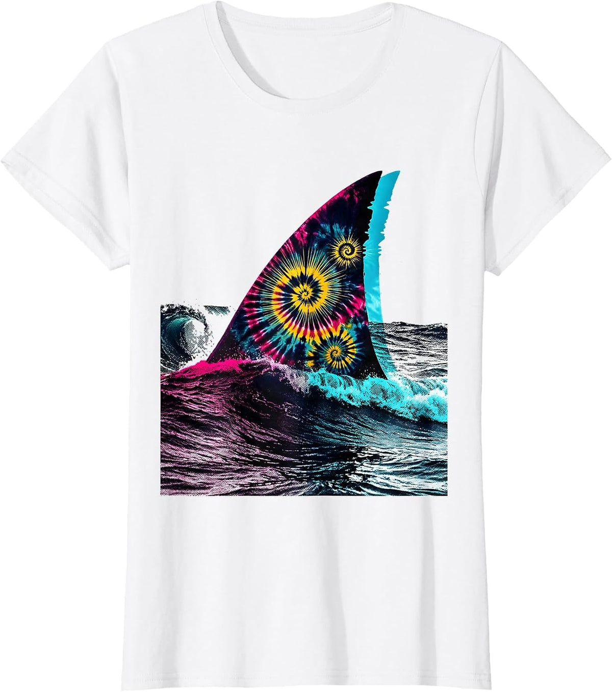 Women's Tie Dye Shark Fin Cutting Through Waves T-Shirt - White