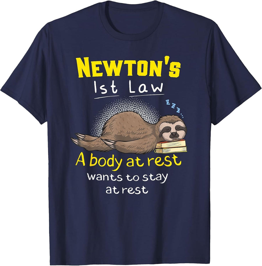 Newton's Law Funny Physics Joke Inertia Cartoon T-Shirt - Navy Blue
