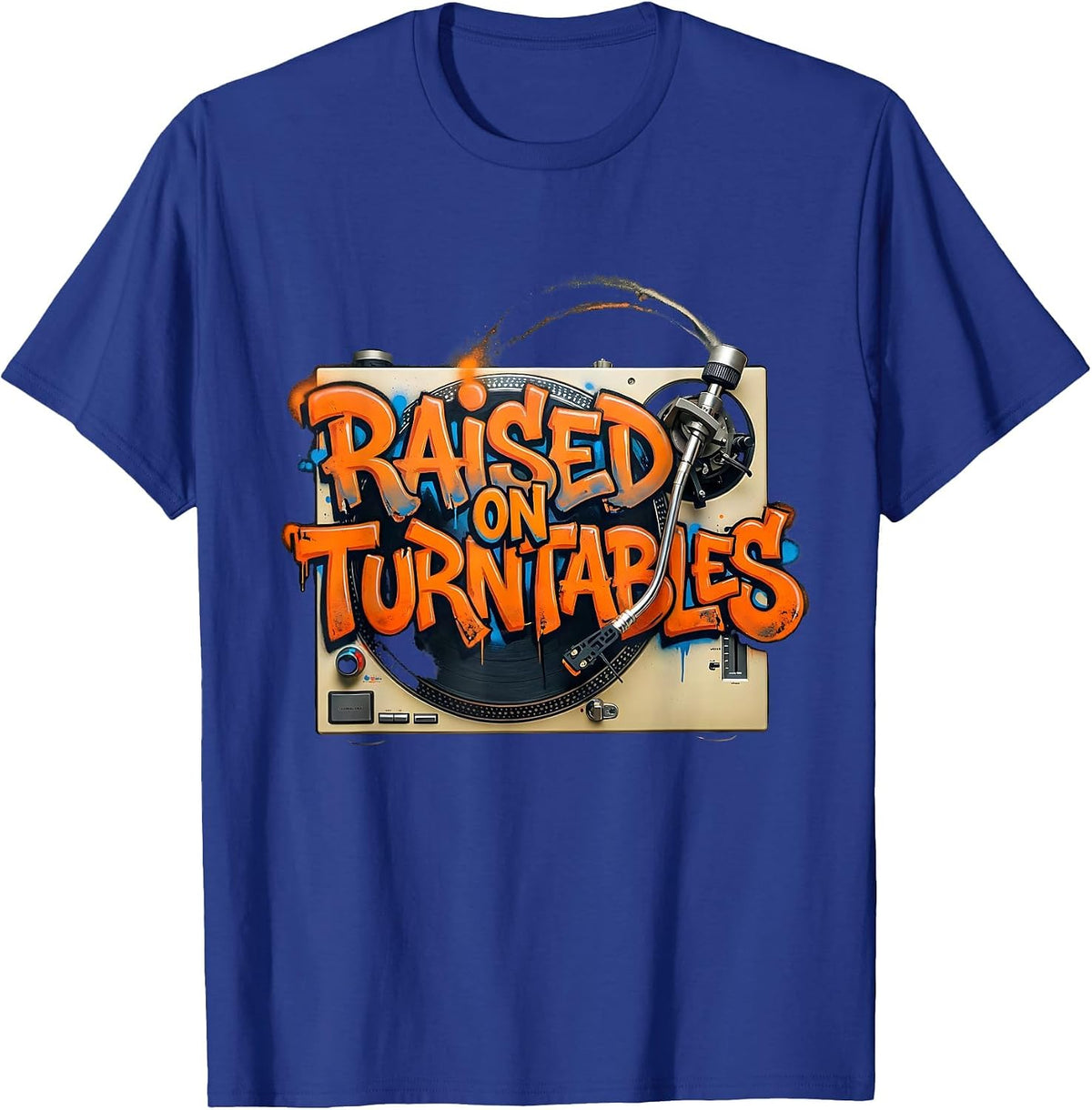Men's Raised On Turntables Graffiti 90s Hip-Hop Rap Lyric T-Shirt - Royal Blue