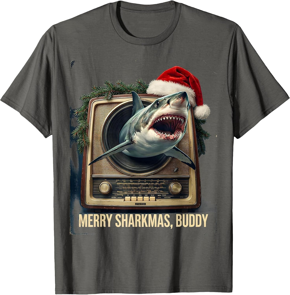 Merry Sharkmas, Buddy Vintage Shark Christmas Pun Humor T-Shirt - Asphalt Grey