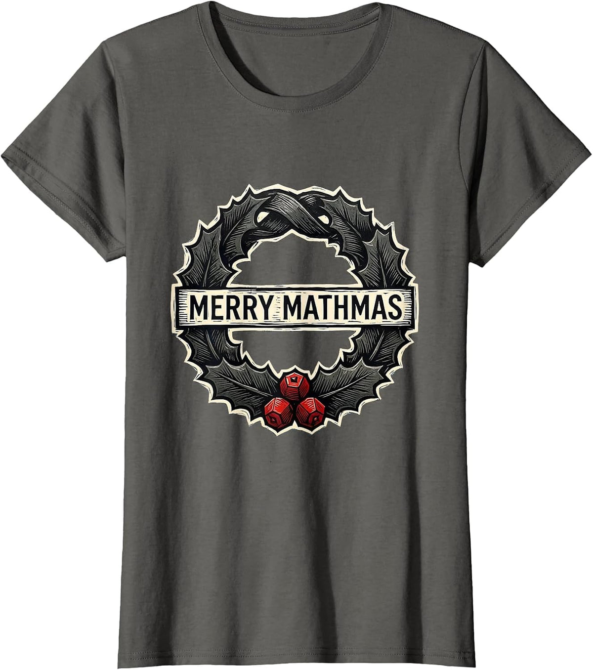 Women's Merry Mathmas Linocut Math Teacher Christmas Pun Gift T-Shirt - Asphalt Grey