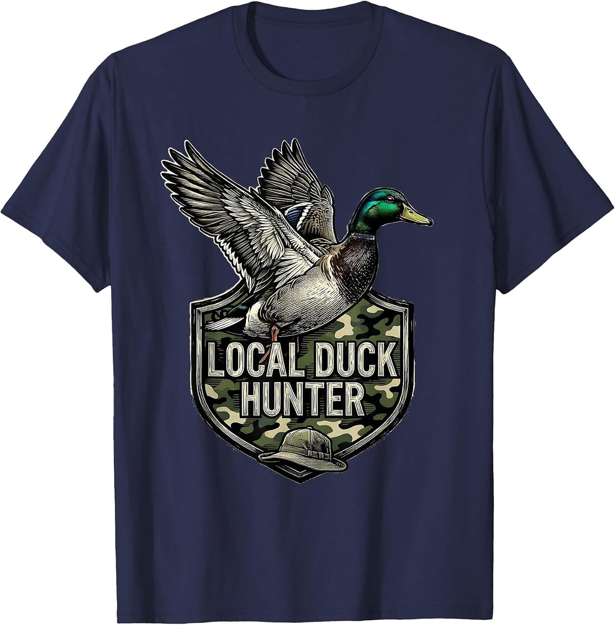 Local Duck Hunter Woodcut Engraving Youth Camo Hunting Boy T-Shirt - Navy Blue
