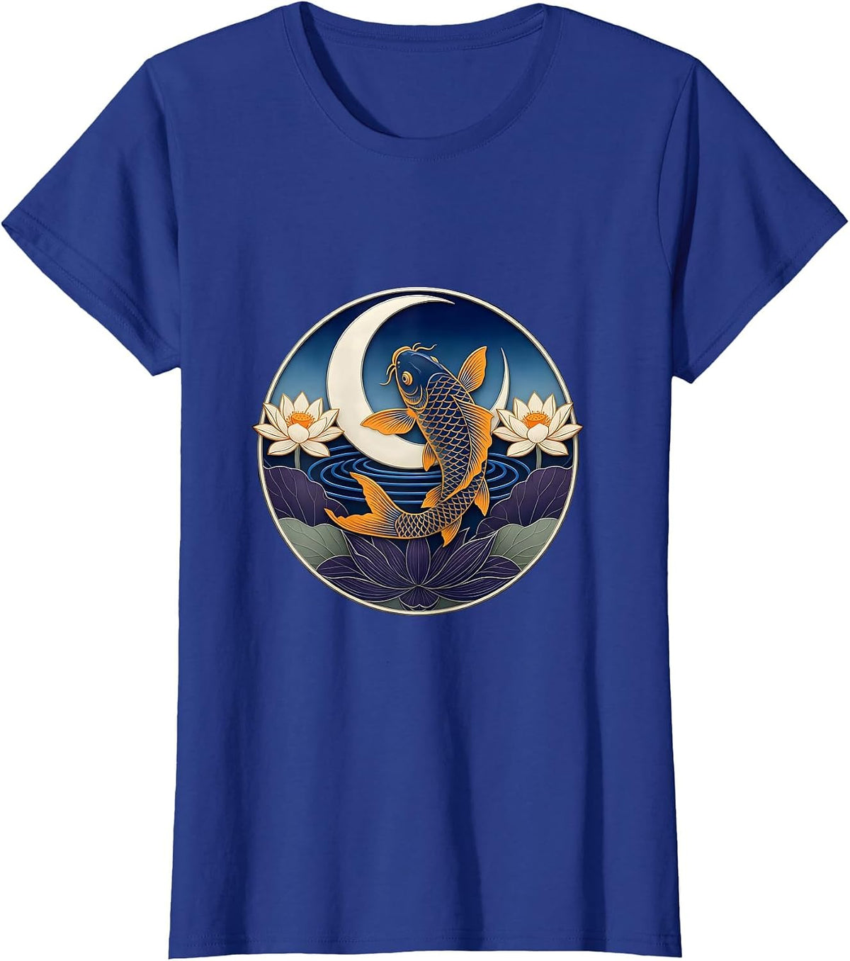 Women's Sealed Crescent Koi Ukiyo-e Boho Mystical Nature T-Shirt - Royal Blue