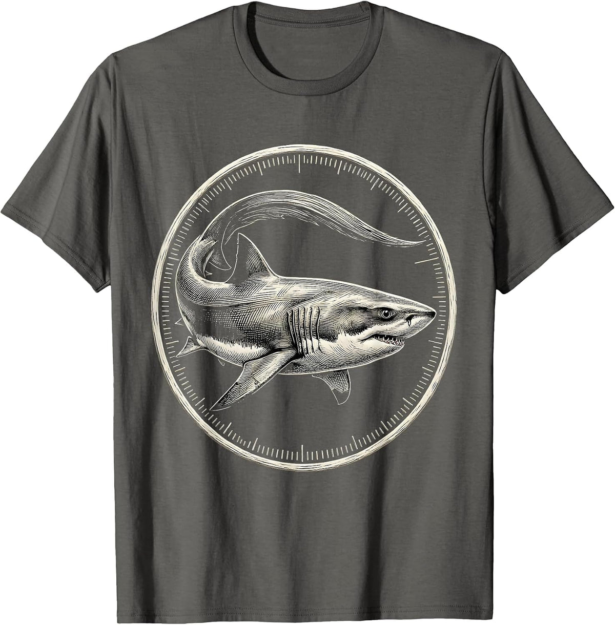 Men's Thresher Shark Engraved Badge Vintage Ocean Animal Humor T-Shirt - Asphalt Grey