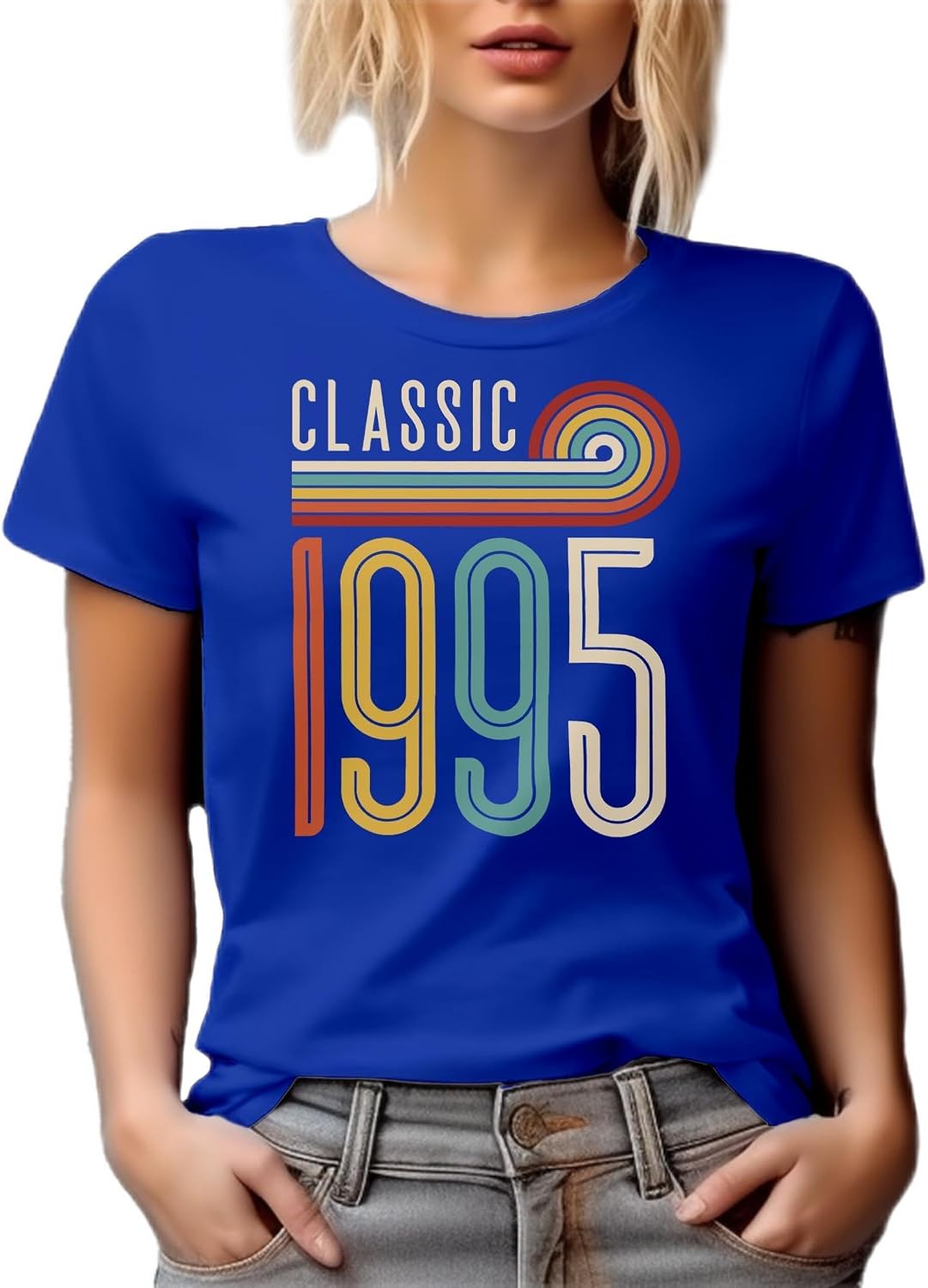 Vintage Classic 1995 feat. Rainbow Stripes, Birthday Graphic Tshirt - Royal Blue