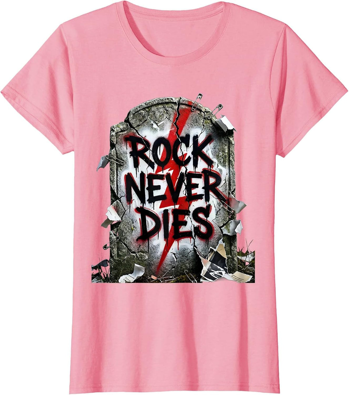 Women's Rock Never Dies Bold Graphic Music Design T-Shirt - Pink