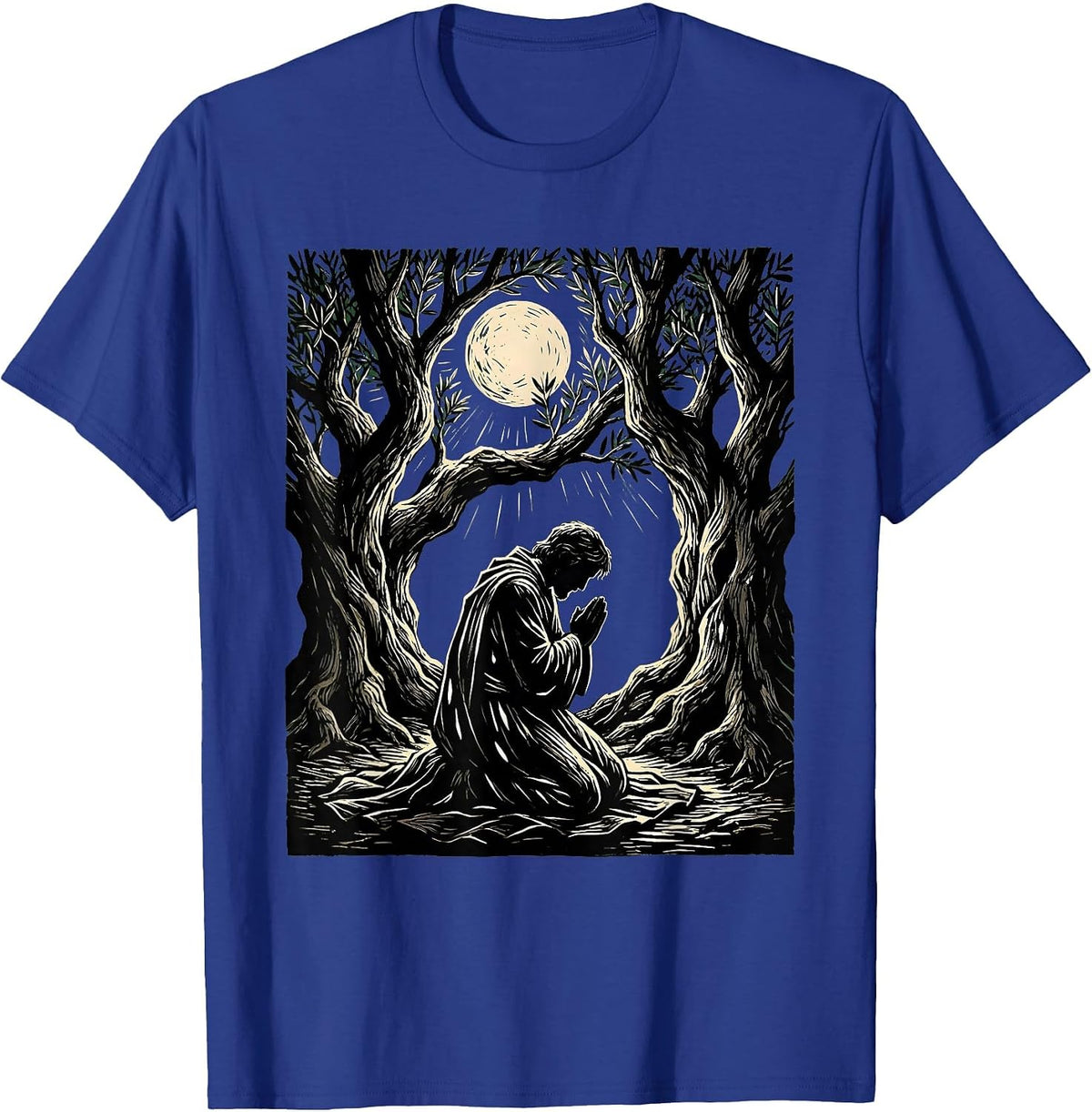 Jesus Kneeling in Gethsemane Moonlight Design T-Shirt - Royal Blue