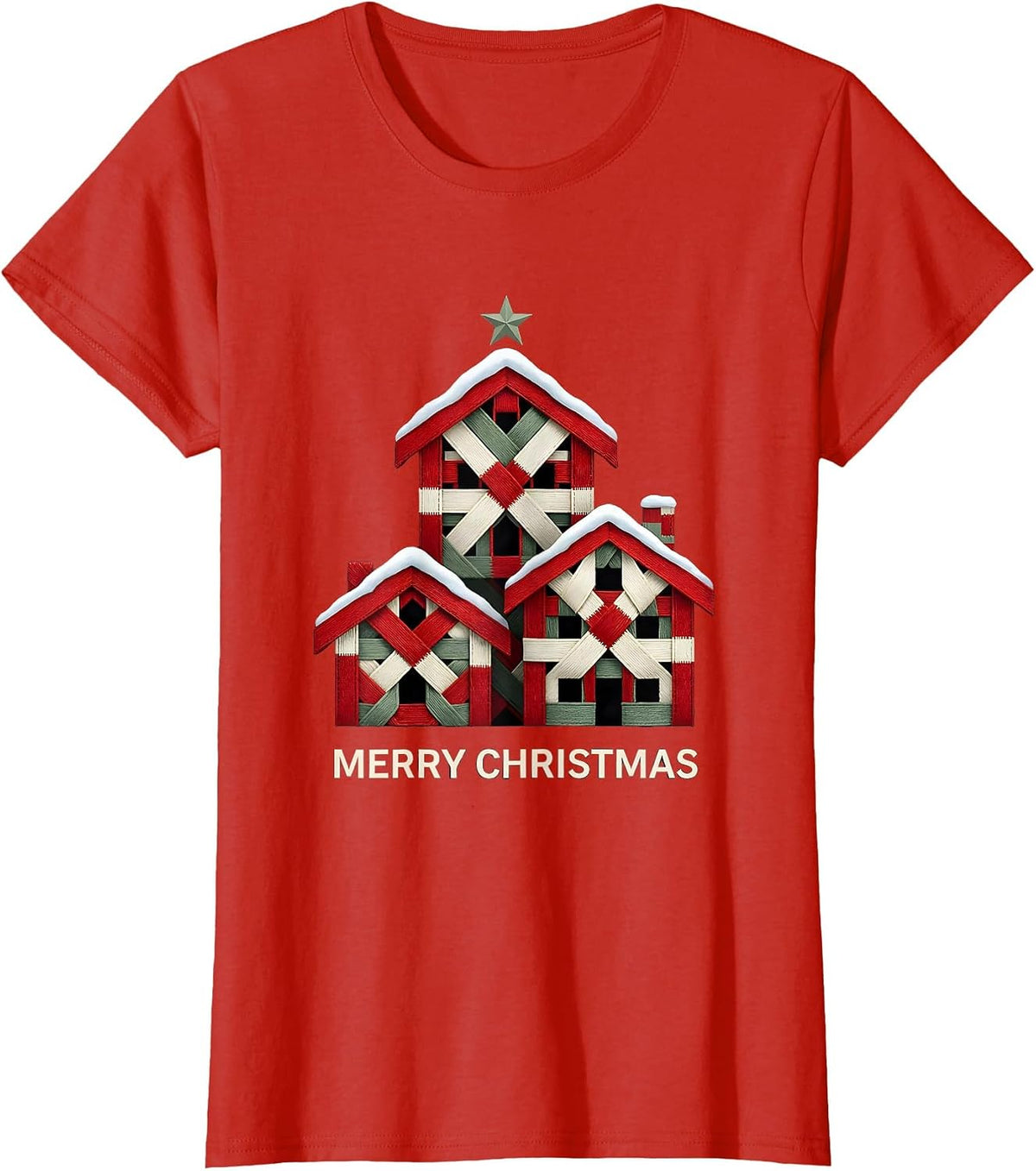 Women's Merry Christmas Geometric Buffalo Plaid Family Matching T-Shirt - Red