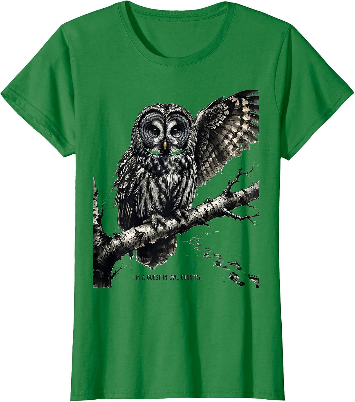 I'm A Guest In Owl Country Ink Brush Nature Lover Wildlife T-Shirt - Kelly Green