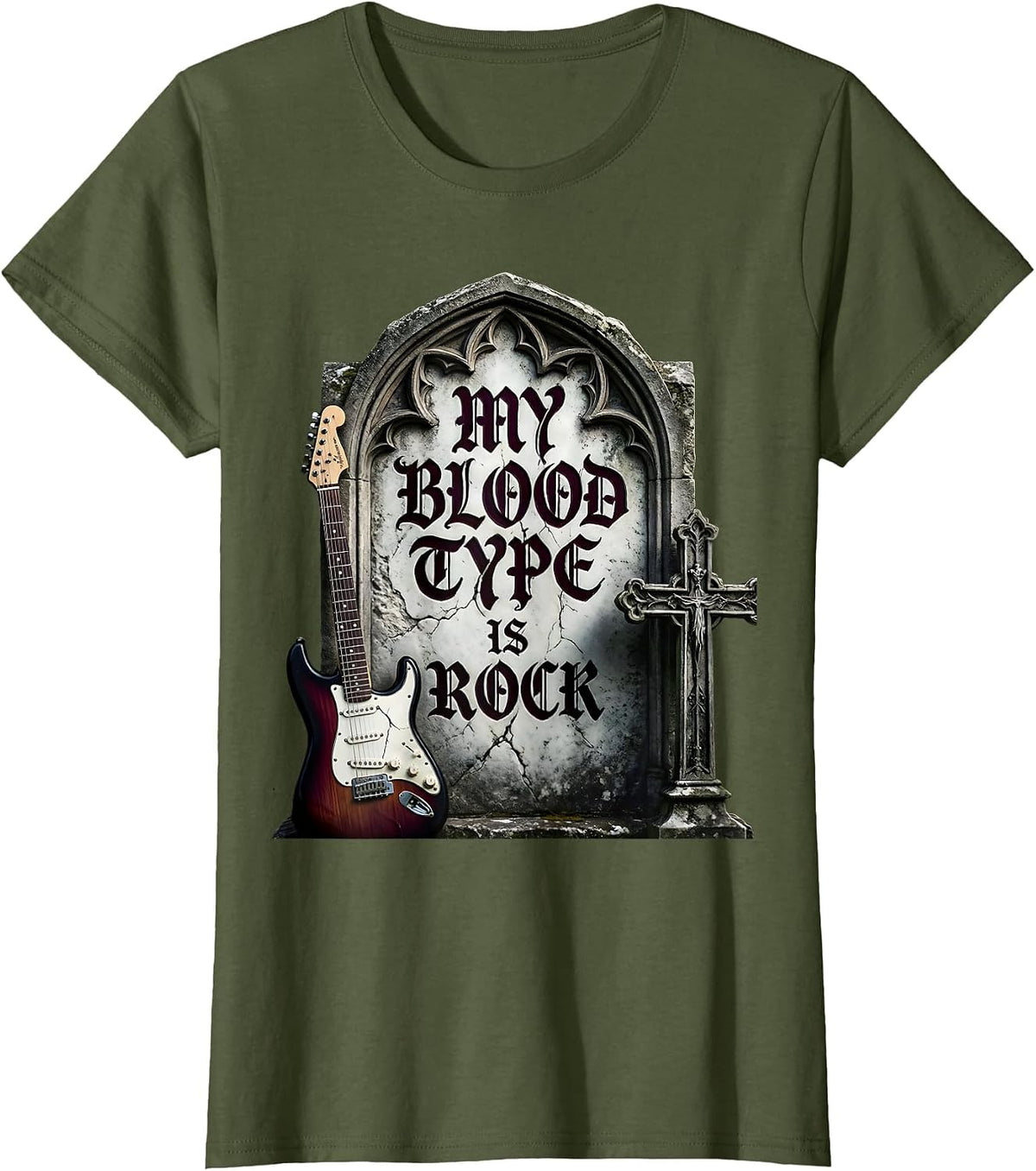 Women's My Blood Type Is Rock Rock N Roll Music Design T-Shirt - Olive Green