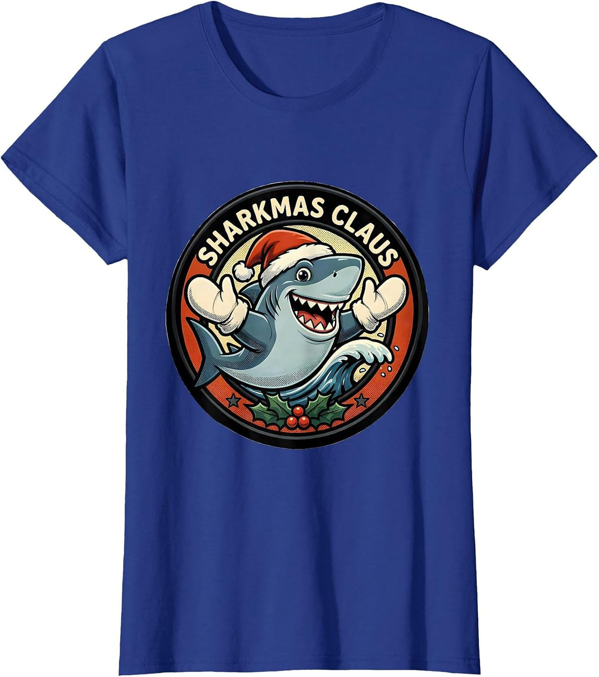 Women's Sharkmas Claus Retro Cartoon Shark Lover Christmas Humor T-Shirt - Royal Blue