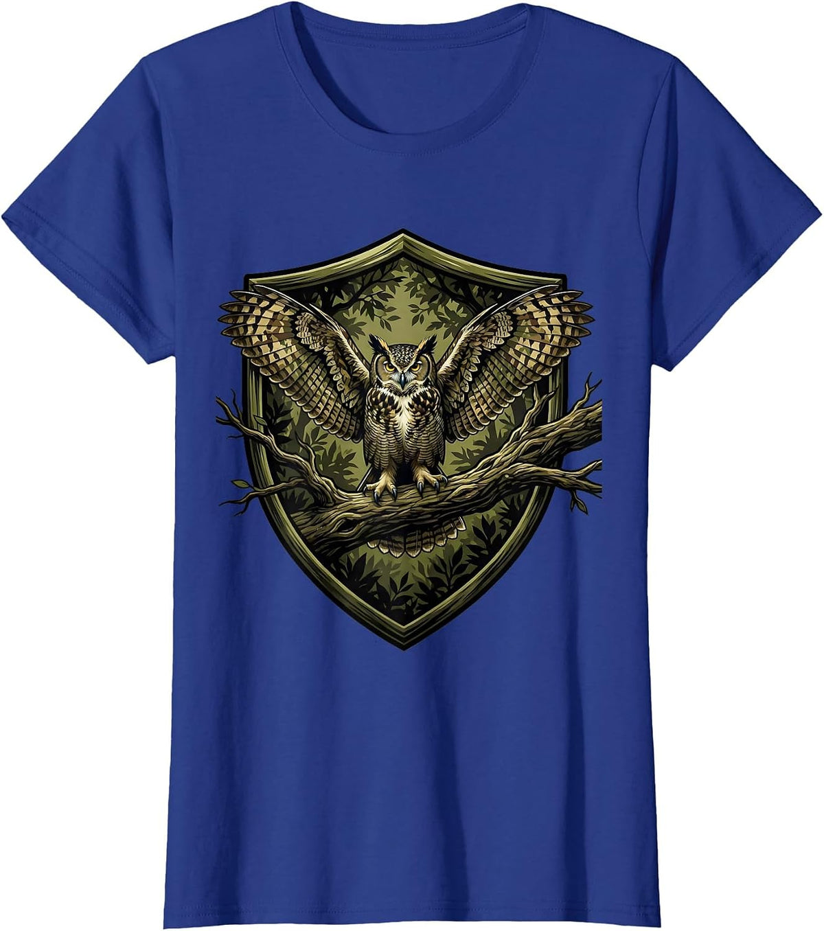 Women's Camo Owl Perched on Branch Night Scene T-Shirt - Royal Blue