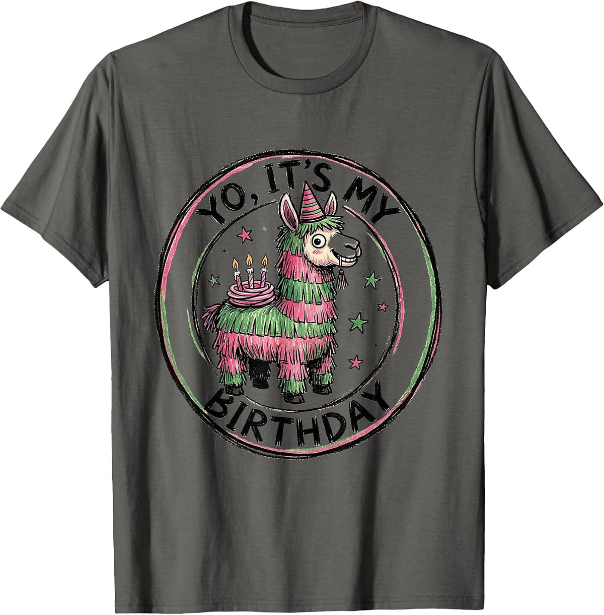 YO, IT'S MY BIRTHDAY Funny Llama Piñata Gamer Bday Boy Party T-Shirt - Asphalt Grey