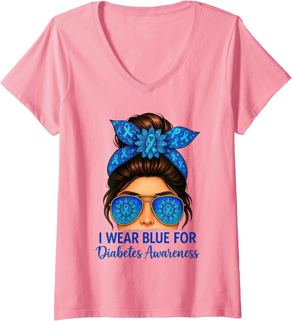 Women's I Wear Blues for Diabetes Awareness Blue Ribbon Messy Bun V-Neck T-Shirt - Pink