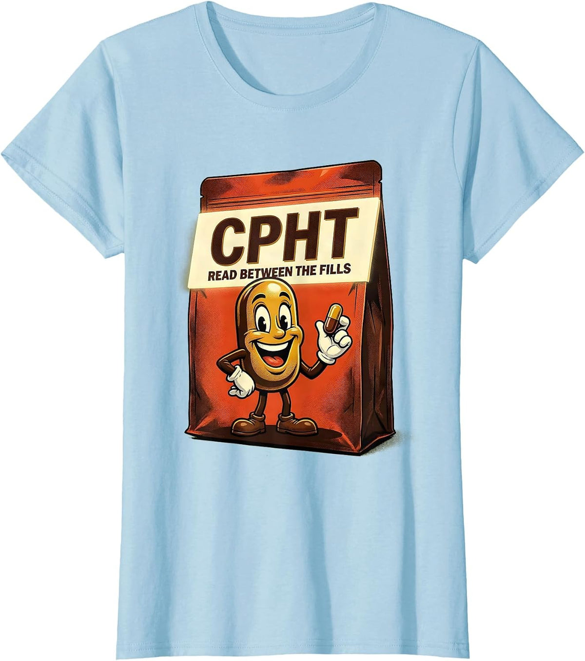 Women's CPhT Read Between The Fills Retro Advertising Pharmacy T-Shirt - Baby Blue